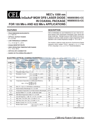 NX8503BG datasheet - NECs 1550 nm InGaAsP MQW DFB LASER DIODE