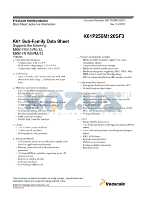 K61P256M120SF3 datasheet - K61 Sub-Family Data Sheet