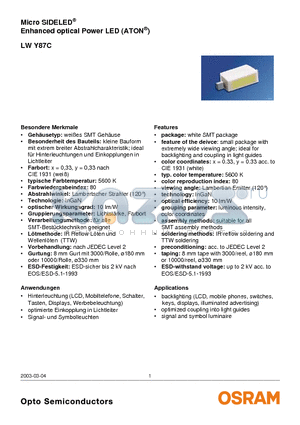 LWY87C datasheet - Micro SIDELEDR Enhanced optical Power LED (ATONR)