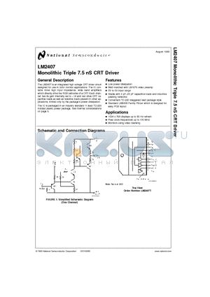 LM2407 datasheet - Monolithic Triple 7.5 nS CRT Driver