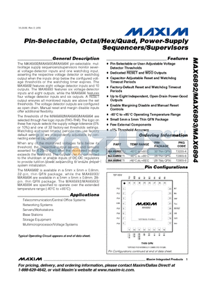 MAX6892ETJ datasheet - Pin-Selectable, Octal/Hex/Quad, Power-Supply Sequencers/Supervisors
