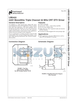 LM2422 datasheet - 220V Monolithic Triple Channel 30 MHz CRT DTV Driver