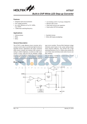 HT7937 datasheet - Built-in OVP White LED Step-up Converter