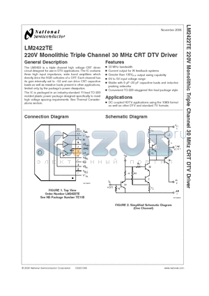 LM2422TE datasheet - 220V Monolithic Triple Channel 30 MHz CRT DTV Driver