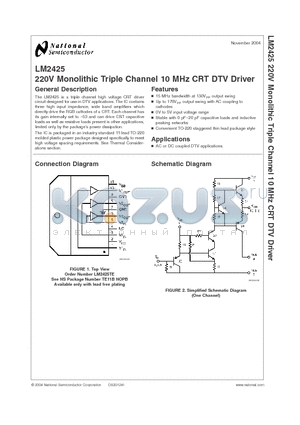 LM2425TE datasheet - 220V Monolithic Triple Channel 10 MHz CRT DTV Driver