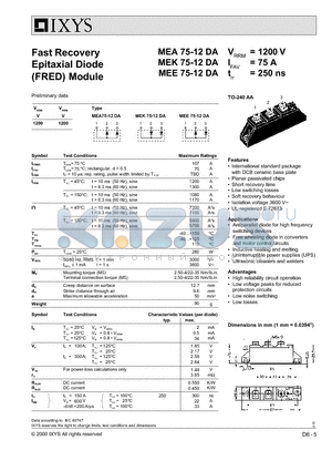 MEE75-12DA datasheet - Fast Recovery Epitaxial Diode (FRED) Module