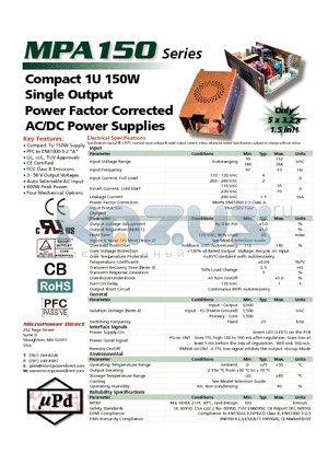 MPA150X-18Z datasheet - Compact 1U 150W Single Output Power Factor Corrected AC/DC Power Supplies