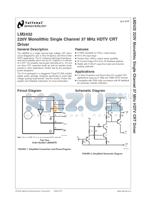LM2432TE datasheet - 220V Monolithic Single Channel 37 MHz HDTV CRT Driver