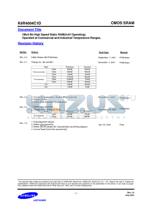 K64004C1D datasheet - 1Mx4 Bit High Speed Static RAM(5.0V Operating). Operated at Commercial and Industrial Temperature Ranges.