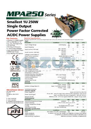 MPA250 datasheet - Smallest 1U 250W Single Output Power Factor Corrected AC/DC Power Supplies