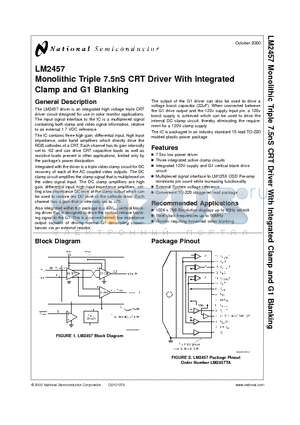 LM2457 datasheet - Monolithic Triple 7.5nS CRT Driver With Integrated Clamp and G1 Blanking
