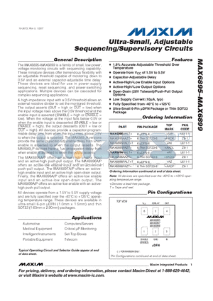 MAX6896AALT+ datasheet - Ultra-Small, Adjustable Sequencing/Supervisory Circuits