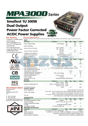 MPA300DX-0512Z datasheet - Smallest 1U 300W Dual Output Power Factor Corrected AC/DC Power Supplies