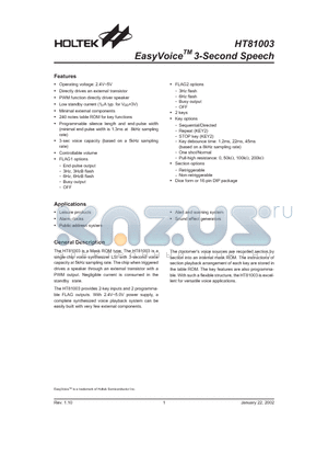 HT81003_02 datasheet - EasyVoiceTM 3-Second Speech