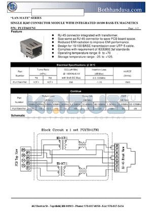 PU1T041FN1 datasheet - SINGLE RJ45 CONNECTOR MODULE WITH INTEGRATED 10/100 BASE-TX MAGNETICS