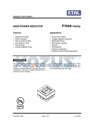 P7608-1R6M datasheet - HIGH POWER INDUCTOR