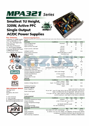 MPA321X-05Z datasheet - Smallest 1U Height, 320W, Active PFC Single Output AC/DC Power Supplies