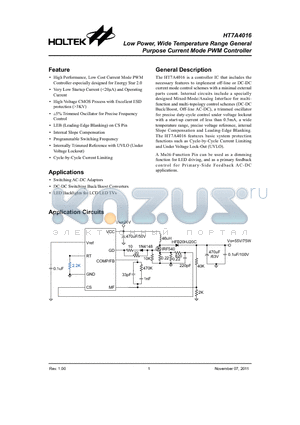 HT7A4016 datasheet - Low Power, Wide Temperature Range General Purpose Current Mode PWM Controller