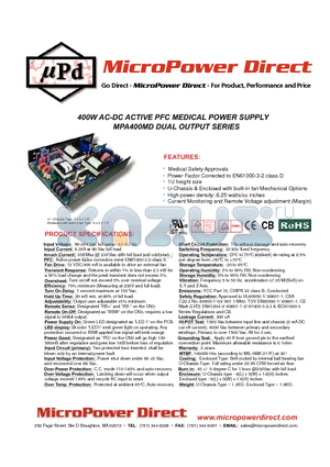 MPA400MD datasheet - 400W AC-DC ACTIVE PFC MEDICAL POWER SUPPLY