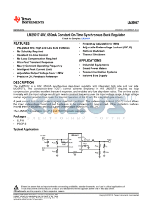 LM25017MR/NOPB datasheet - 48V, 650mA Constant On-Time Synchronous Buck Regulator