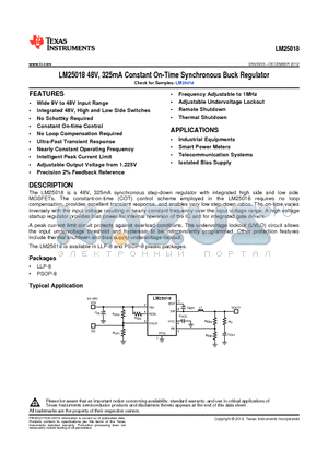 LM25018 datasheet - 48V, 325mA Constant On-Time Synchronous Buck Regulator