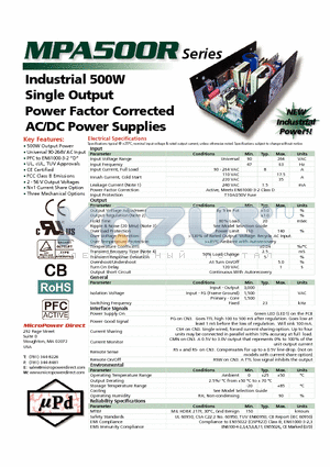 MPA500RX-36ZZ datasheet - Industrial 500W Single Output Power Factor Corrected AC/DC Power Supplies