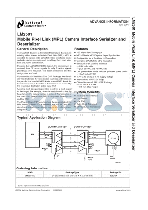 LM2501SL datasheet - Mobile Pixel Link (MPL) Camera Interface Serializer and Deserializer
