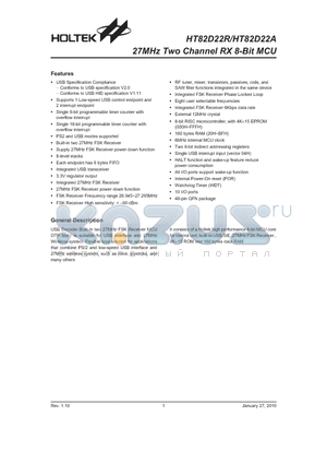 HT82D22A datasheet - 27MHz Two Channel RX 8-Bit MCU