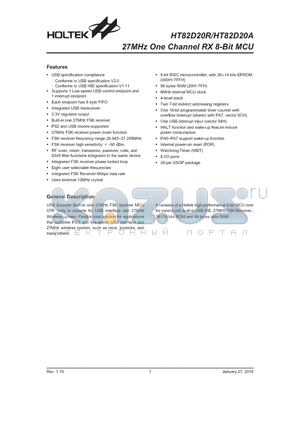 HT82D20A datasheet - 27MHz One Channel RX 8-Bit MCU