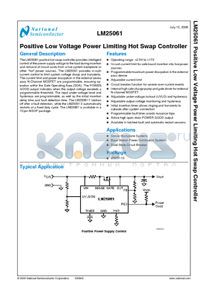 LM25061 datasheet - Positive Low Voltage Power Limiting Hot Swap Controller
