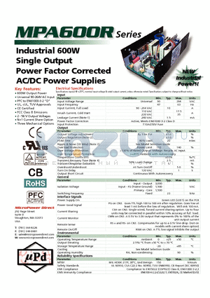 MPA600RX-24ZZ datasheet - Industrial 600W Single Output Power Factor Corrected AC/DC Power Supplies