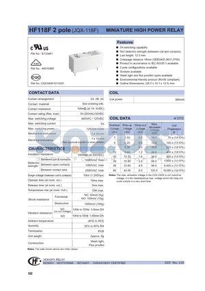 HF118F/005-2DS4GXXX datasheet - MINIATURE HIGH POWER RELAY