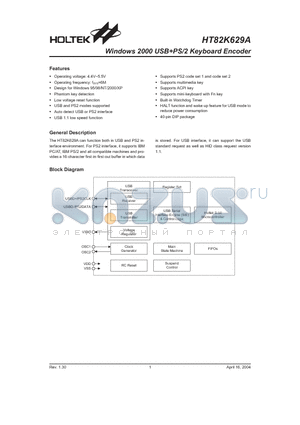 HT82K629A datasheet - Windows 2000 USBPS/2 Keyboard Encoder