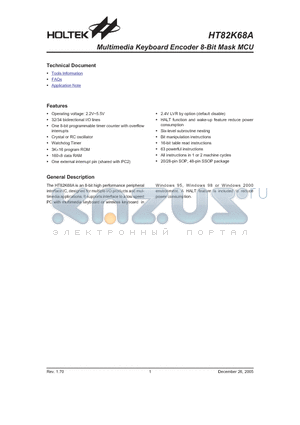 HT82K68A datasheet - Multimedia Keyboard Encoder 8-Bit Mask MCU