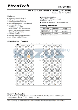 EM669325BG-1H/LG datasheet - 4M x 32 Low Power SDRAM (LPSDRAM)