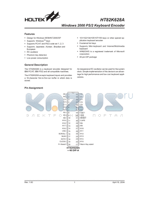 HT82K628 datasheet - Windows 2000 Keyboard Encoder