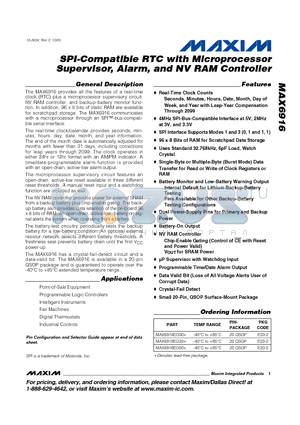 MAX6916 datasheet - SPI-Compatible RTC with Microprocessor Supervisor, Alarm, and NV RAM Controller