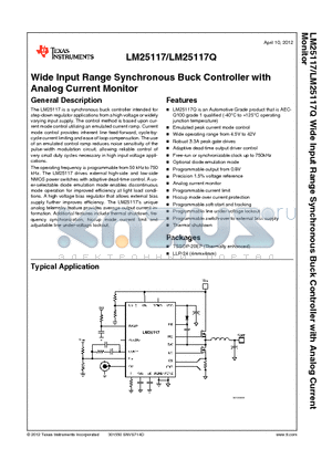 LM25117QPMHX datasheet - Wide Input Range Synchronous Buck Controller with Analog Current Monitor