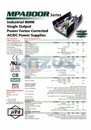 MPA800R datasheet - Industrial 800W Single Output Power Factor Corrected AC/DC Power Supplies