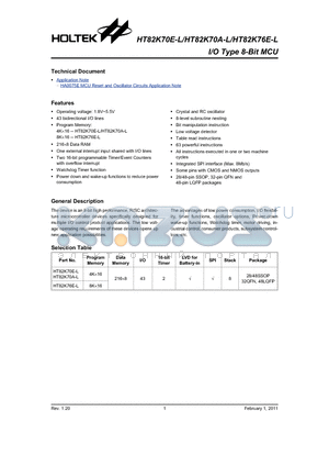 HT82K70A-L datasheet - I/O Type 8-Bit MCU