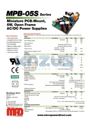 MPB-05S-15 datasheet - Miniature PCB-Mount, 5W, Open Frame AC/DC Power Supplies