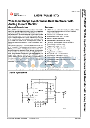 LM25117QPSQX datasheet - Wide Input Range Synchronous Buck Controller with Analog Current Monitor