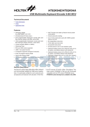 HT82K94A datasheet - USB Multimedia Keyboard Encoder 8-Bit MCU