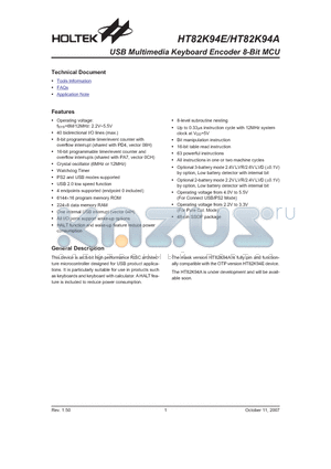 HT82K94A datasheet - USB Multimedia Keyboard Encoder 8-Bit MCU