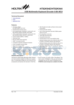 HT82K94E datasheet - USB Multimedia Keyboard Encoder 8-Bit MCU