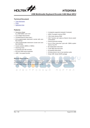 HT82K96A datasheet - USB Multimedia Keyboard Encoder 8-Bit Mask MCU