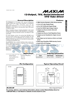 MAX6920AWP datasheet - 12-Output, 76V, Serial-Interfaced VFD Tube Driver