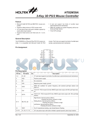 HT82M39A datasheet - 3-Key 3D PS/2 Mouse Controller