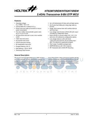 HT82M75REW datasheet - 2.4GHz Transceiver 8-Bit OTP MCU