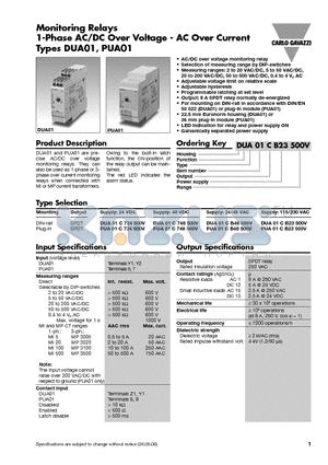 PUA01C748500V datasheet - Monitoring Relays 1-Phase AC/DC Over Voltage - AC Over Current